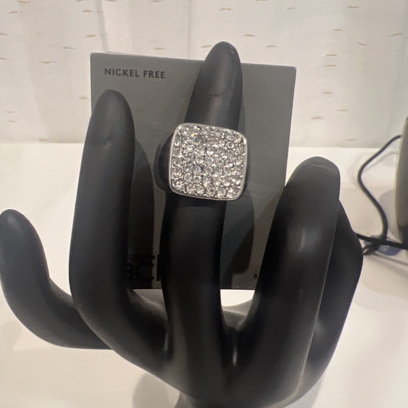 NWT Silver Squared Ring Clear Rhodium Nickel Free Size 6