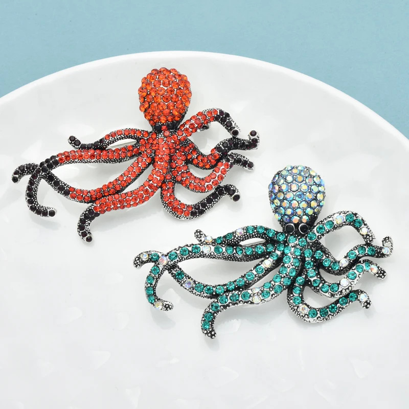 Sparkling Octopus Brooch – Rhinestone Ocean Animal Pin Beach Jewelry Unisex Gift