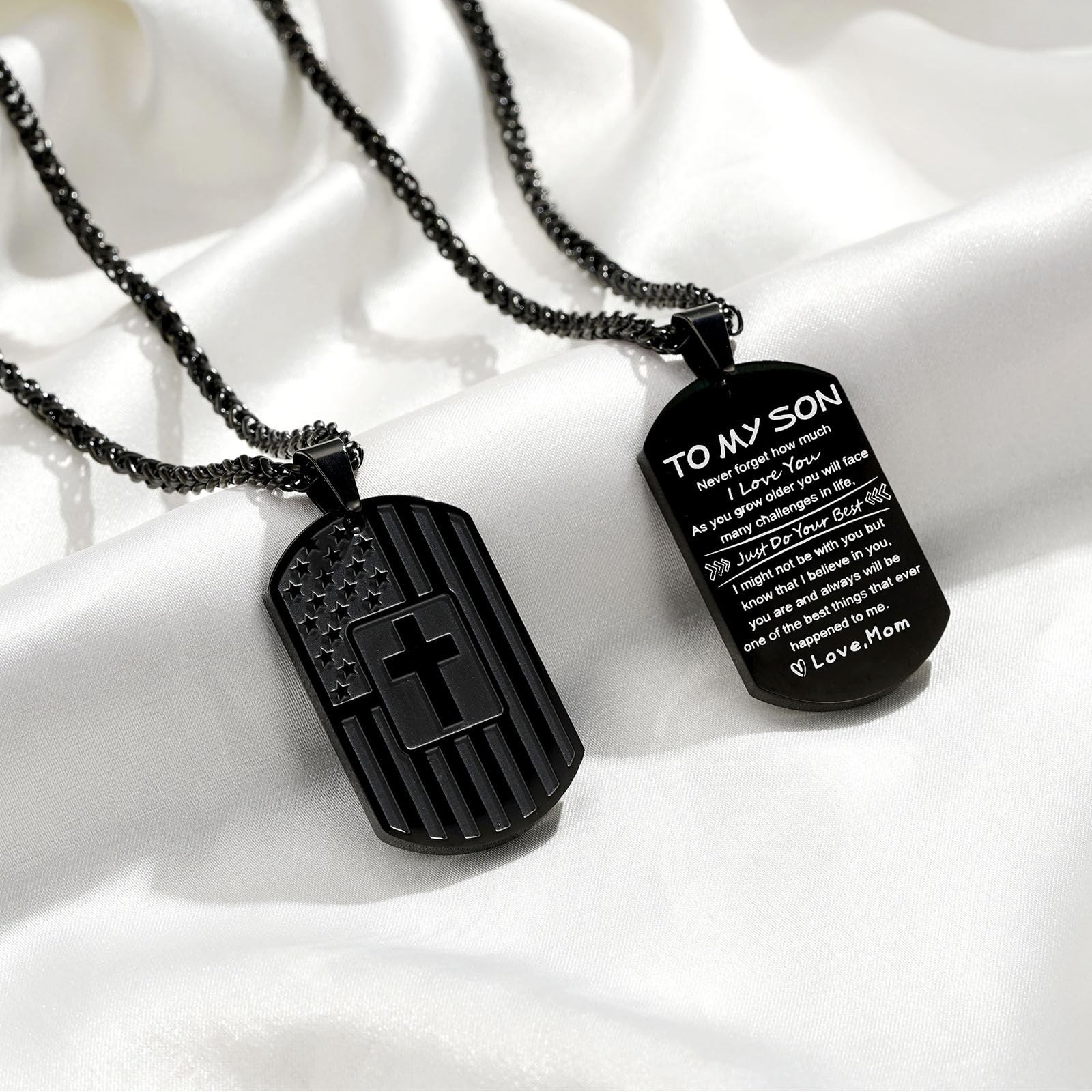 To My Son Dog Tag Cross Necklace from Mom for Birthday Graduation Gift