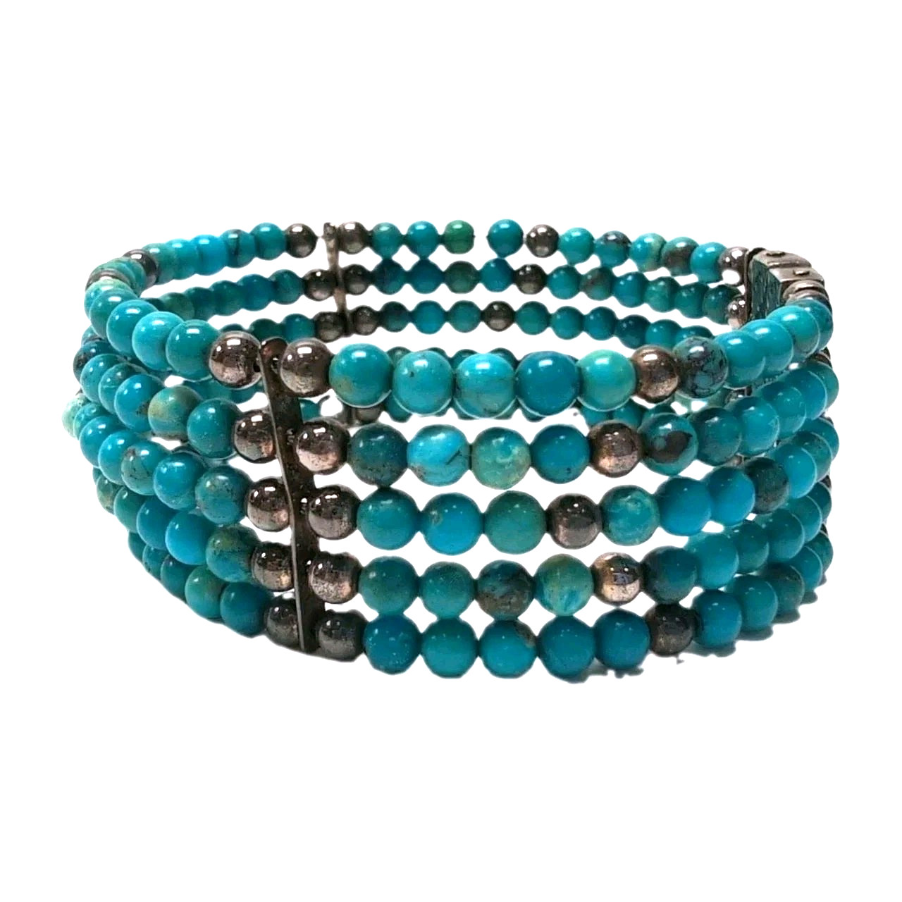 Sterling Silver .925 Turquoise Beaded Multi-Strand Magnetic Cuff Bracelet 30g