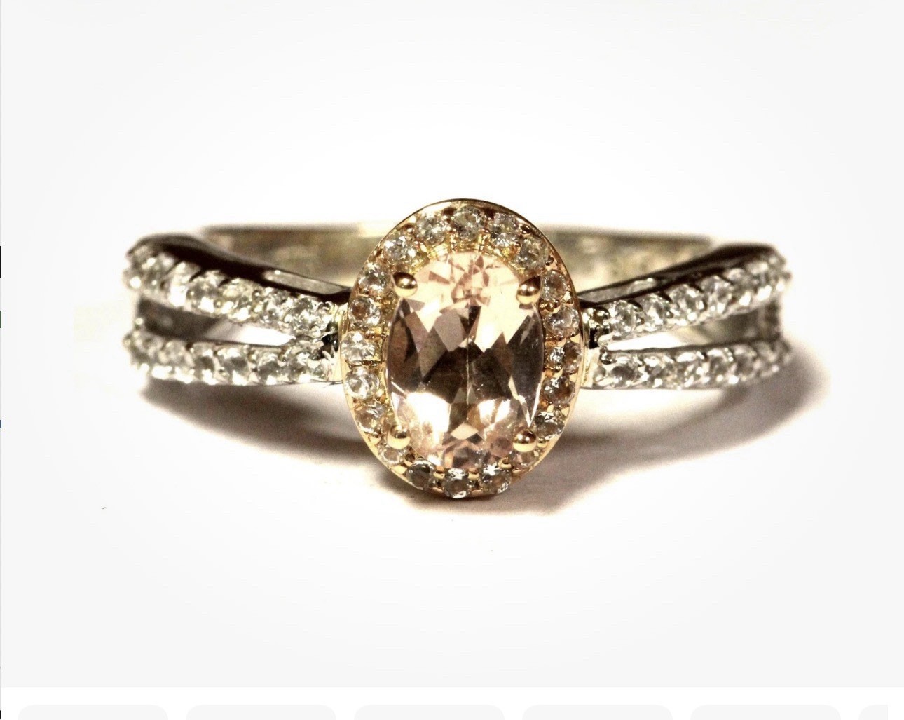 10 K plated on 925 sterling, lab created morganite and white sapphires, size 7
