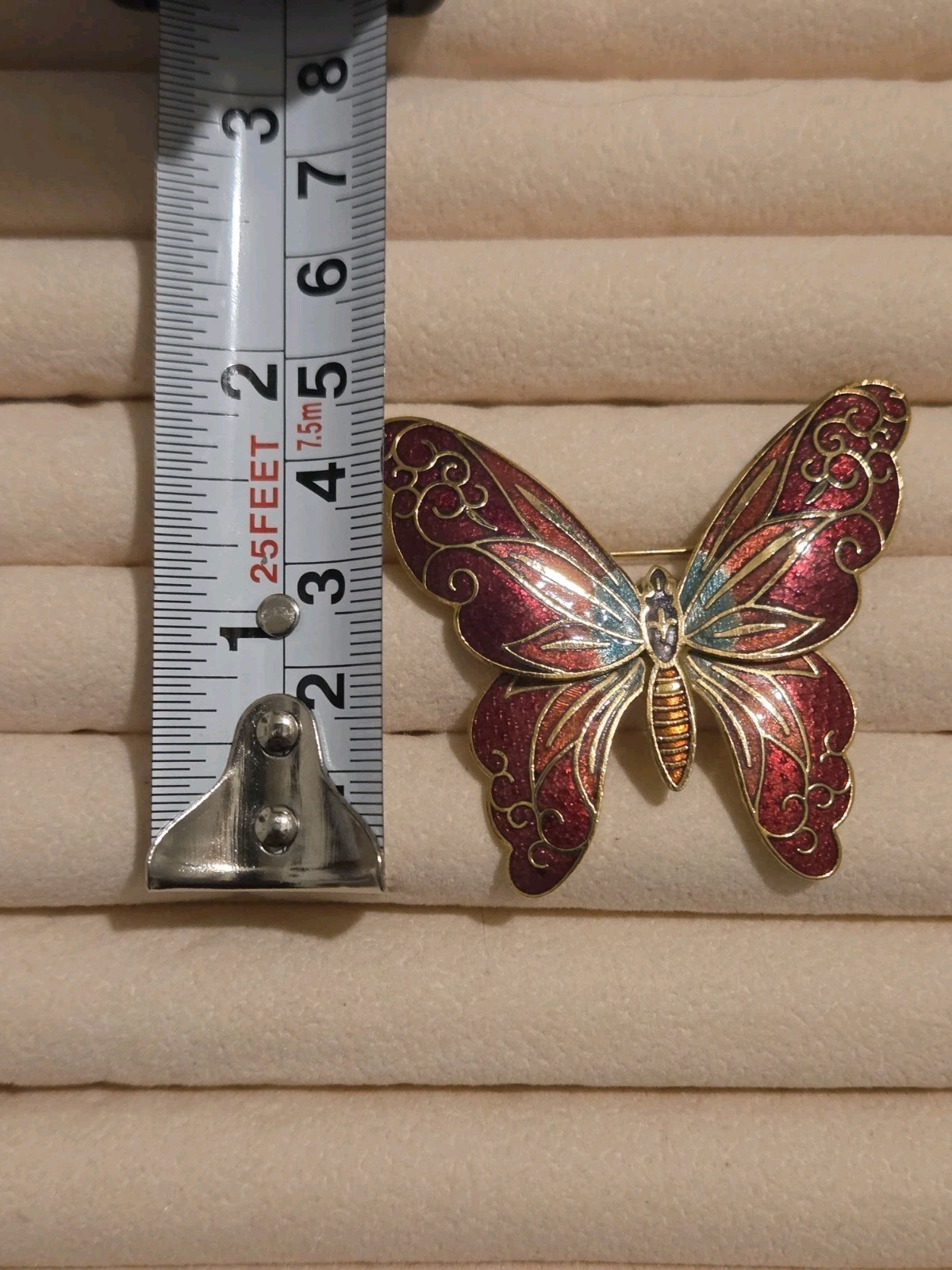 Vintage Red Enamel And Gold Tone Metal Butterfly Brooch