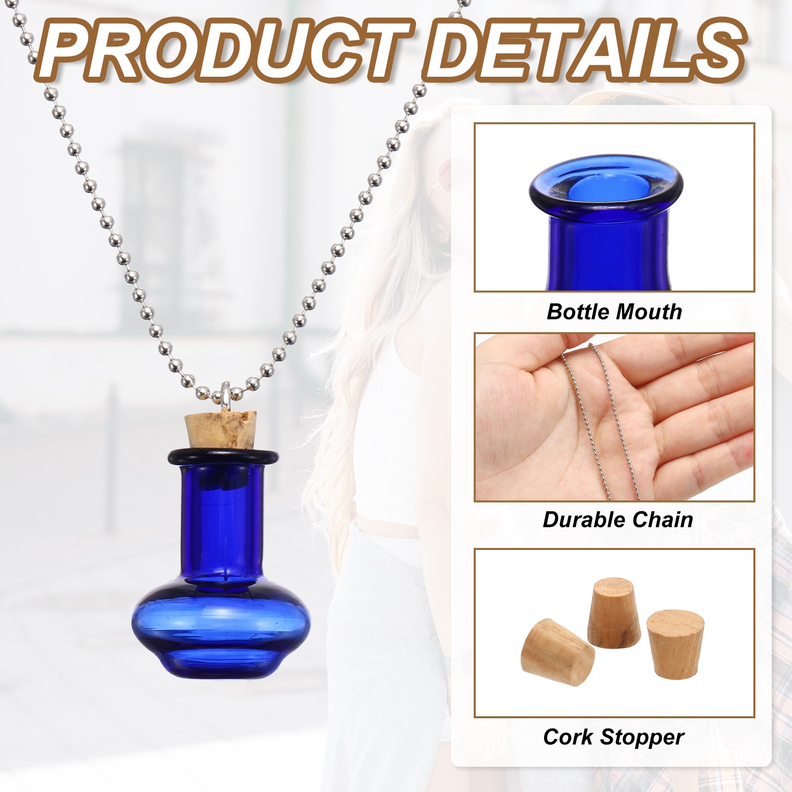 22mm Vial Necklace with Cork Stoppers Black Velvet Bag, Vase Shaped, Blue