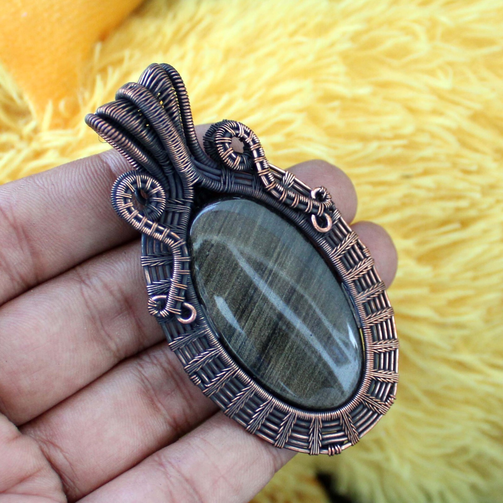 Golden Obsidian Pendant Copper Wire Wrapped Pendant Handmade Wire Wrap Jewelry