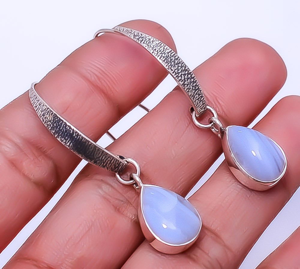 Blue Lace Agate – Namibia Designer Handmade 925 Sterling Silver Earring 1.76″ E2
