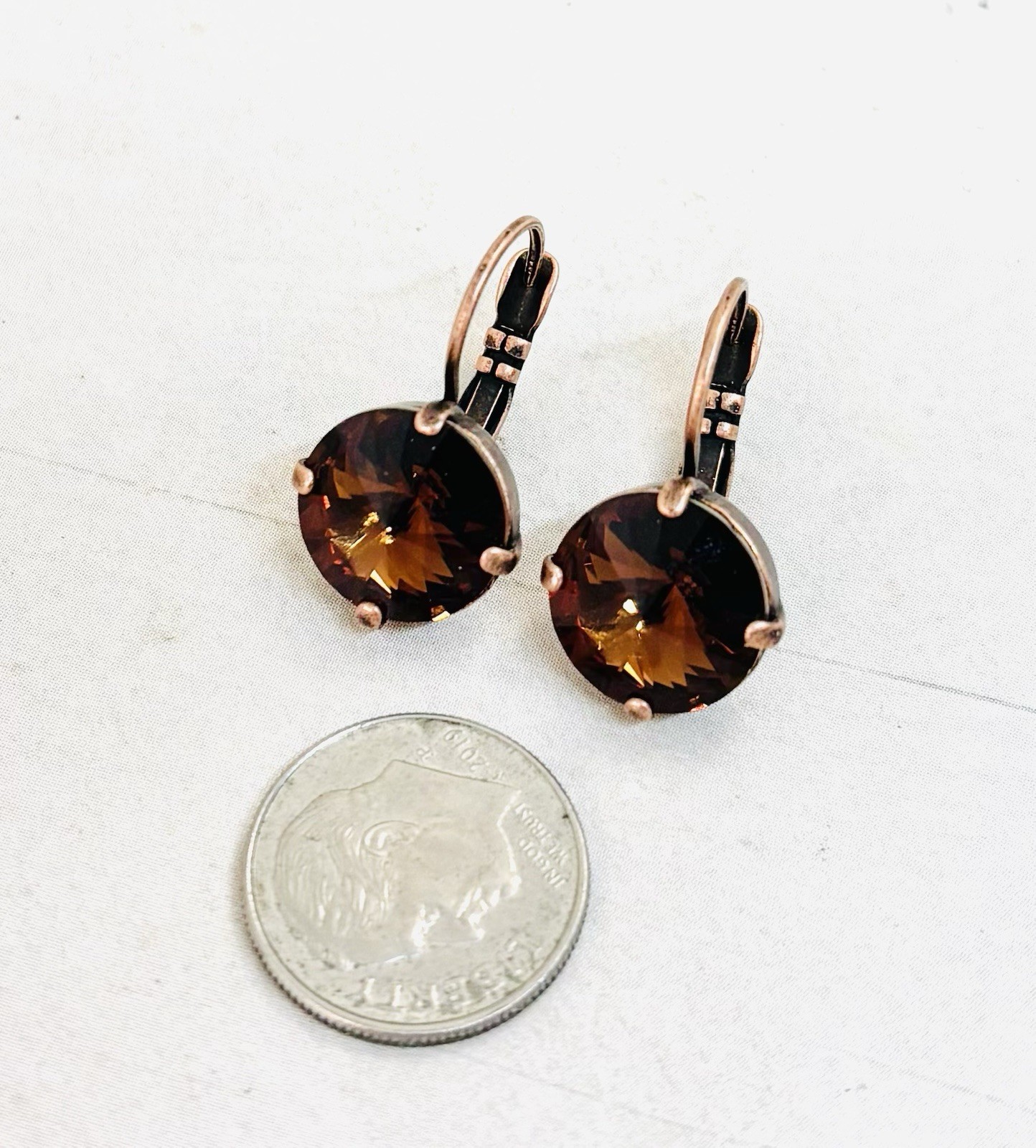 12mm Antique Copper Chocolate Brown Cup Chain Earrings with Smoked Topaz Stones