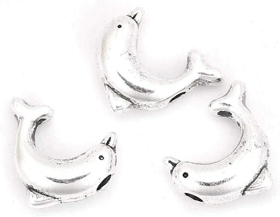 5 Dolphin Beads Charms Metal Antiqued Silver 3D 2 Sided Ocean Findings 10mm