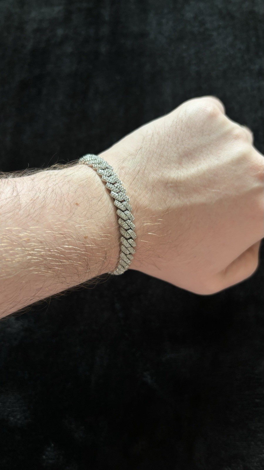 Silver Tone Cuban Link Tennis Bracelet, Round White Stones, Pave Box Clasp
