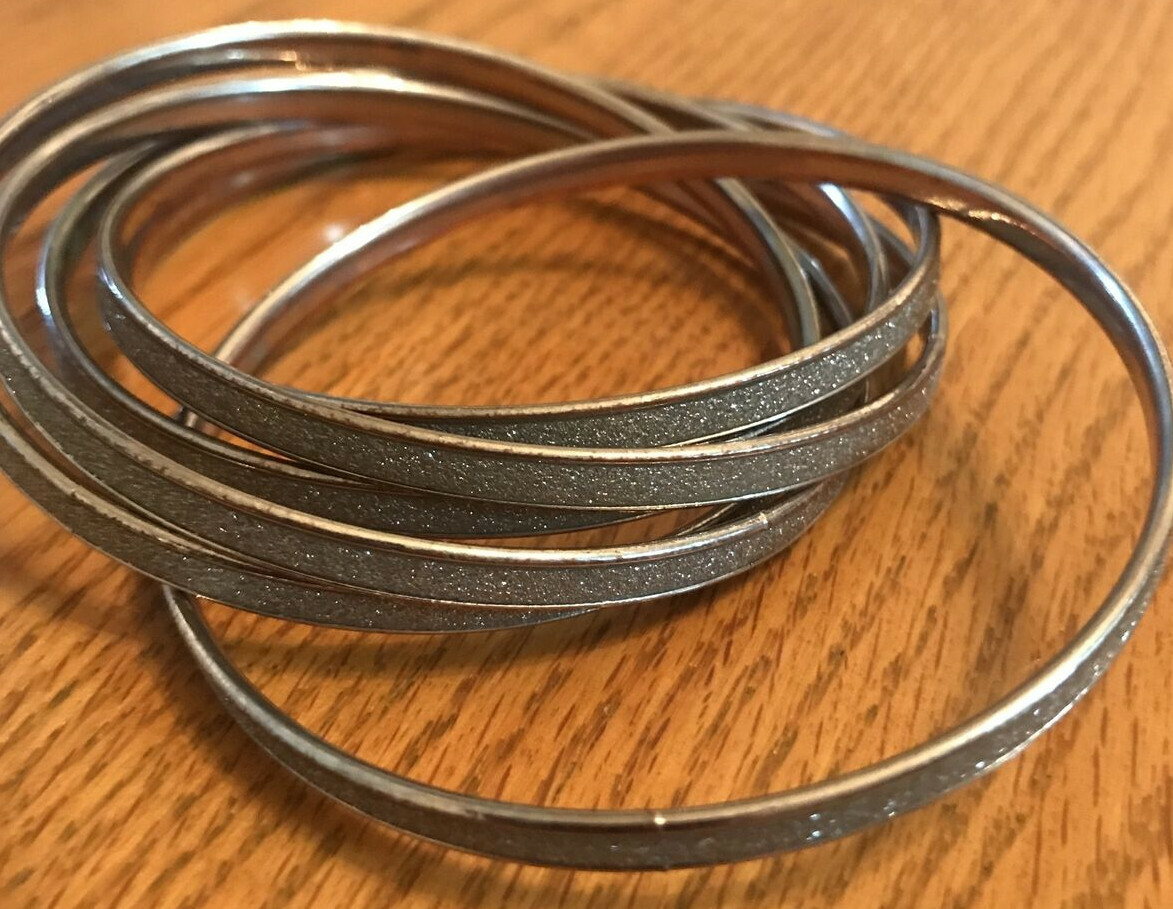 6 Dangle Bracelets Silver Tone Glittery Copper Trim Adult Size Intertwined