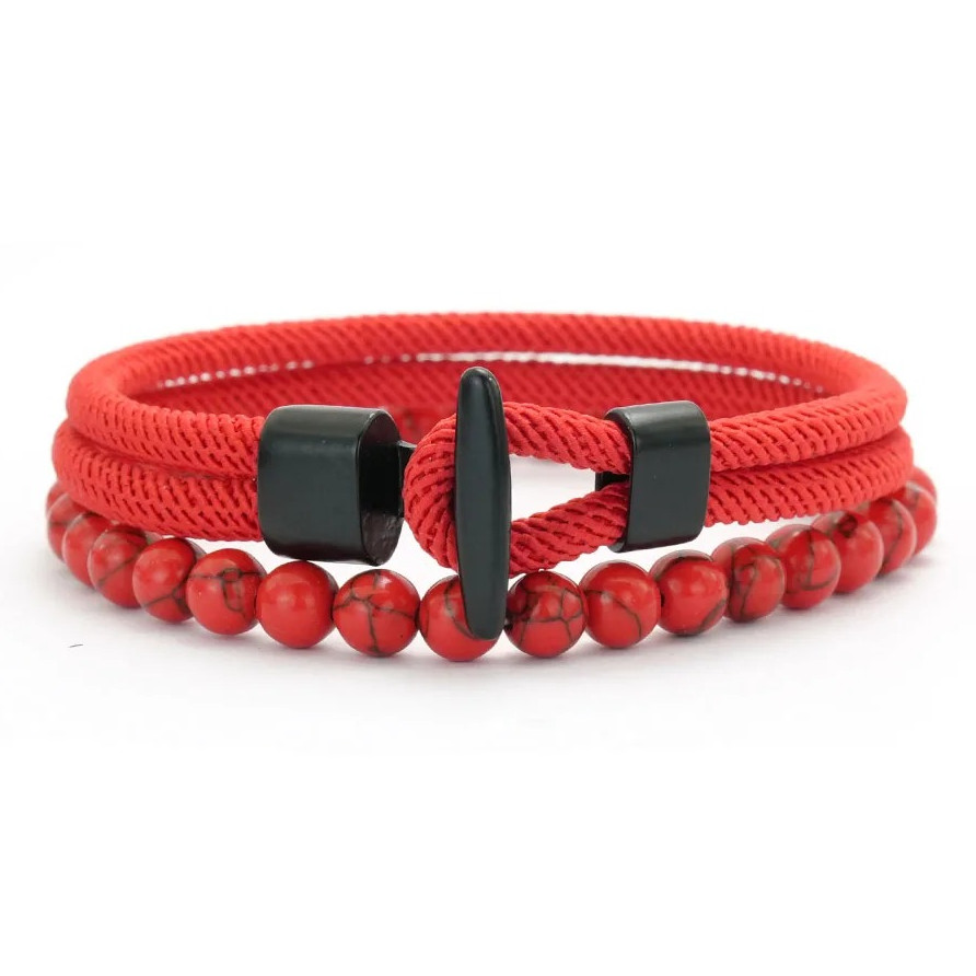 2PCS Men’s Beaded Rope Bracelet Set Tiger Eye & Malachite Stone Handmade Jewelry