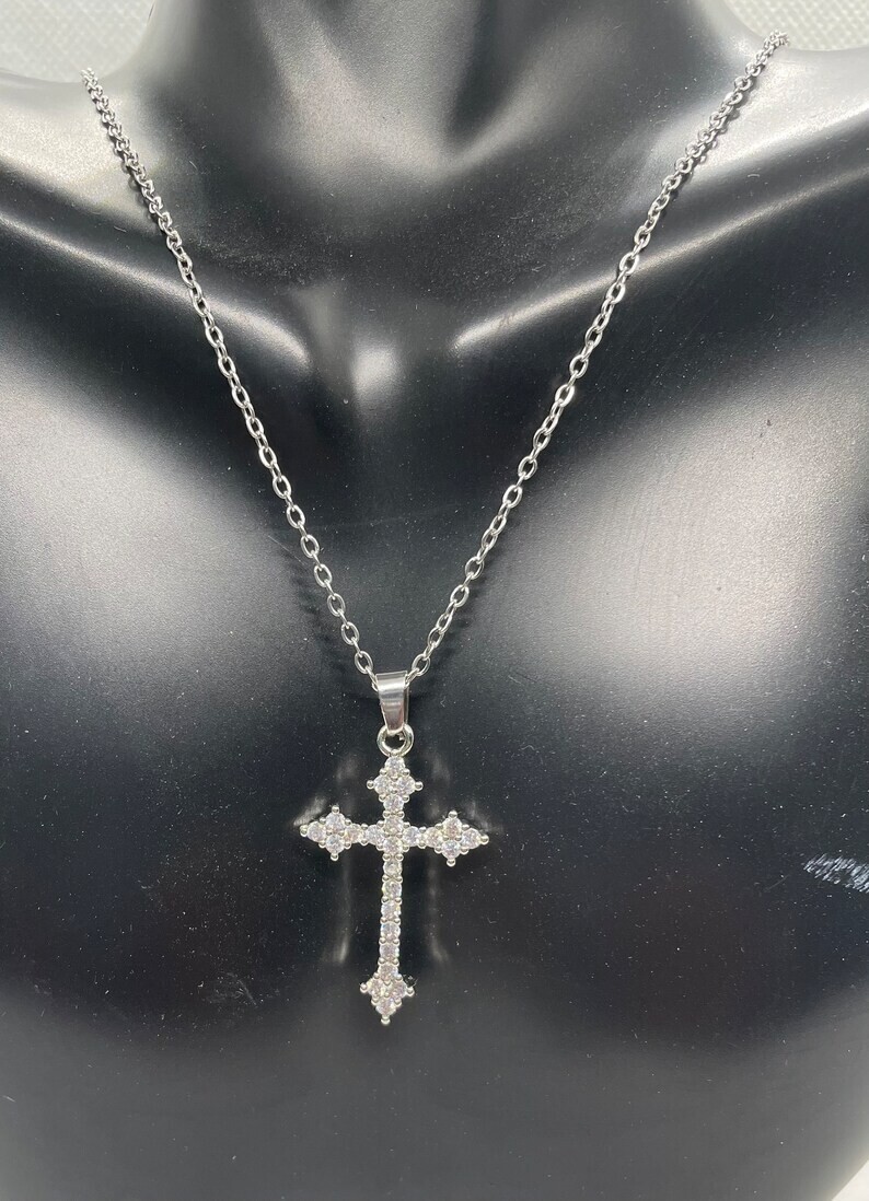 Cross necklace pendant with simulated lab diamonds 925 sterling silver