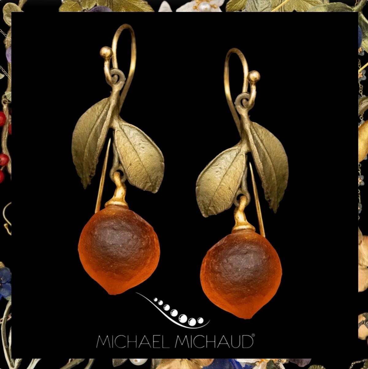 Michael Michaud Orange Leaf Earrings Drop Handcast Botanical Jewelry Nature Gift