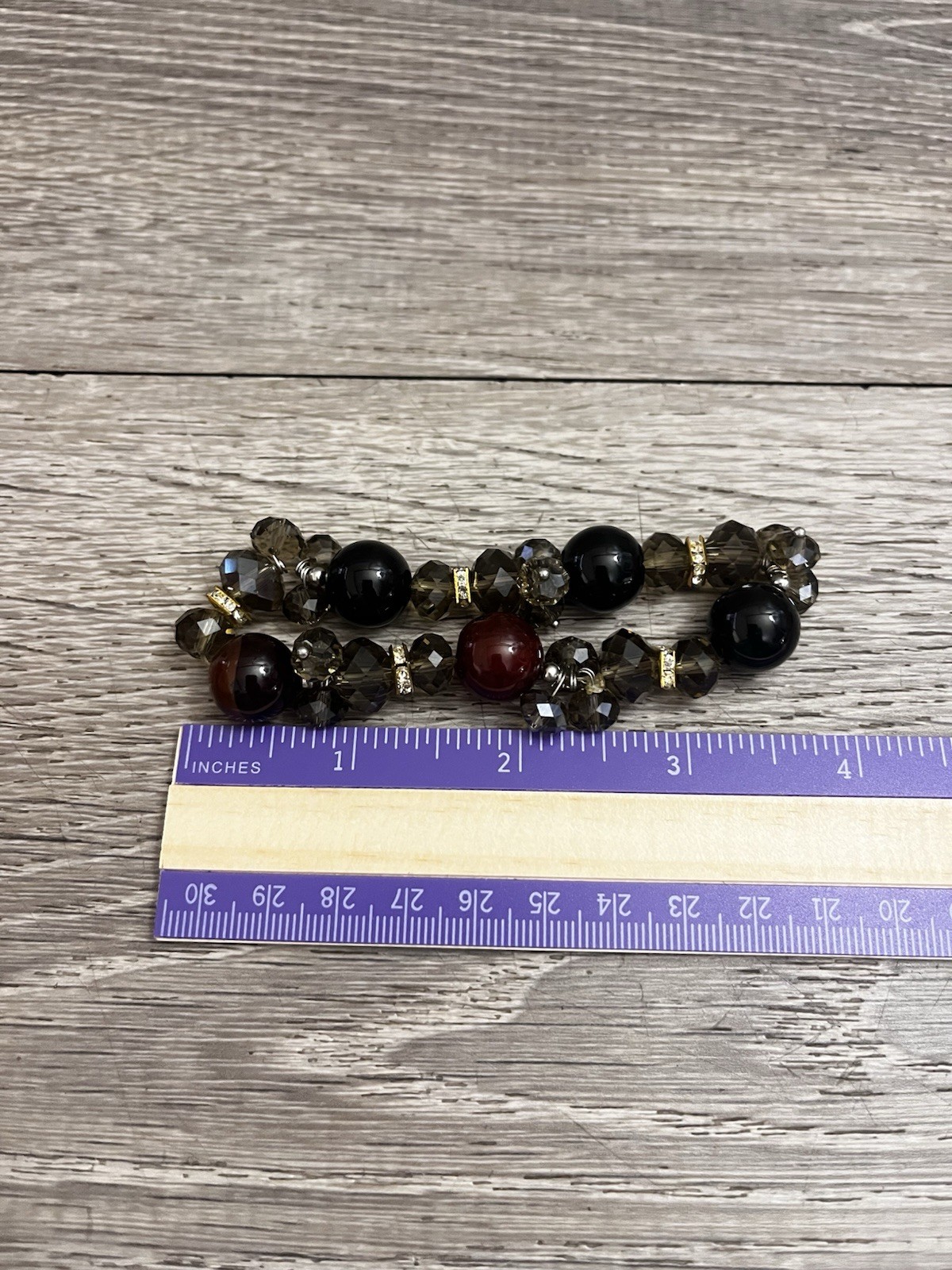 Beaded Stretch Bracelet Black Brown/Red Clear Great Beads 4”