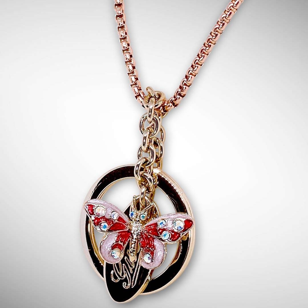 GUCCI Butterfly Charm Gold-tone Rhinestone Red Pink Third Party Chain: 23.6 in.