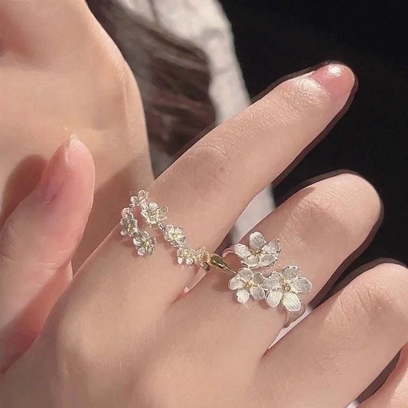 Unique Flower Opening Adjustable Ring Women SilverColor Minimalist FingerJewelry