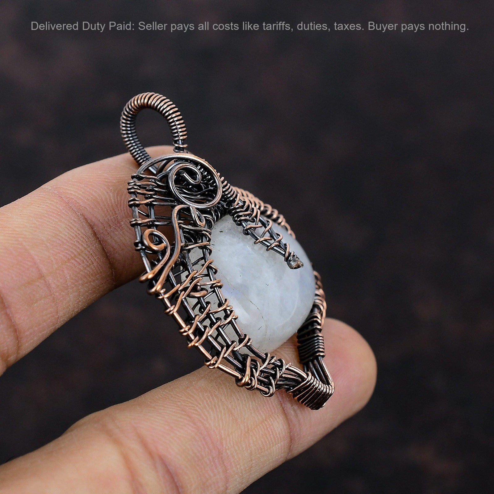 Oval Natural Rainbow Moonstone Sister Boho Handmade Wire Wrapped Pendant Copper