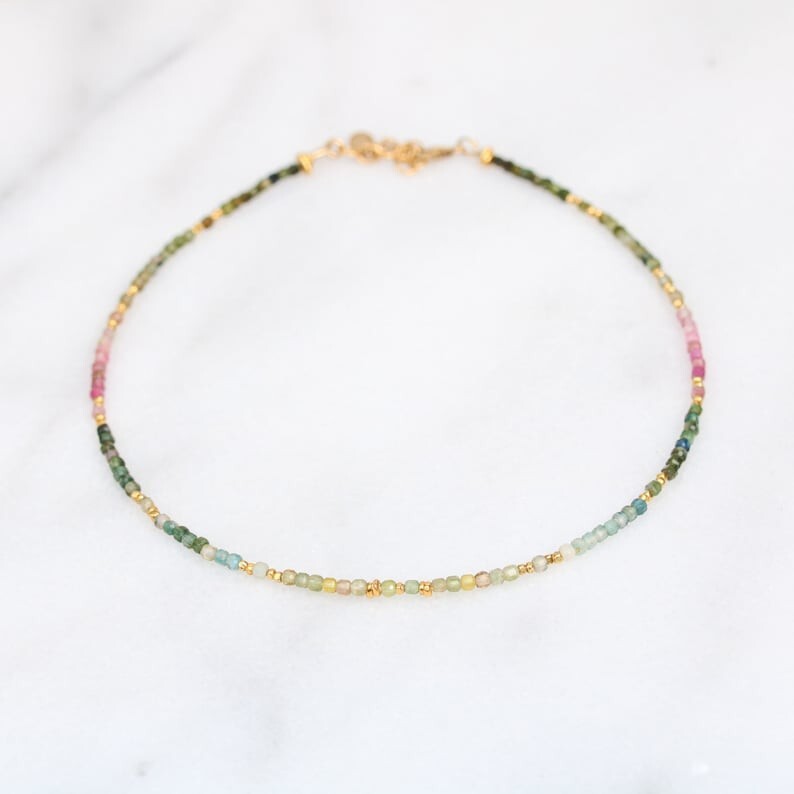 A+ Multi Tourmaline Faceted Round Gemstone Gold Filled Beads Necklaces 18″ Women