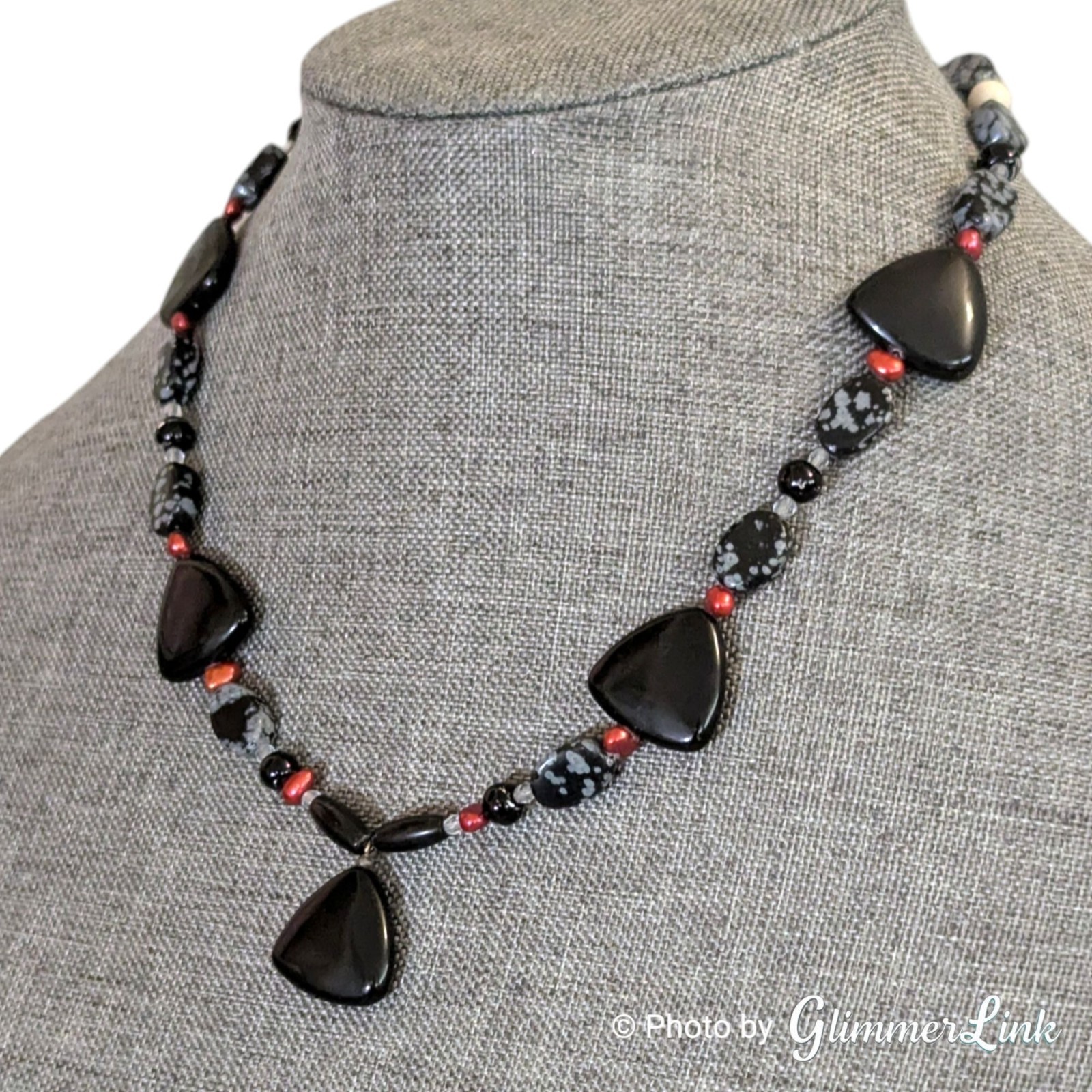 Mixed Bead Black Gray Red Triangle Pendant Y Statement Necklace