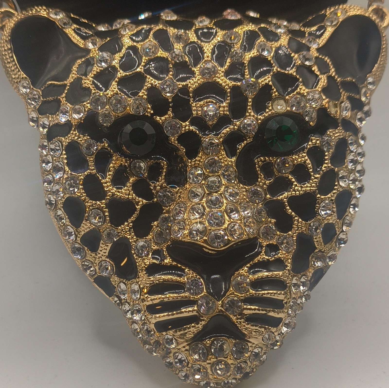 Gold Tone Curb Link Chain Necklace Leopard Pendant Pavé Rhinestone Green Eyes