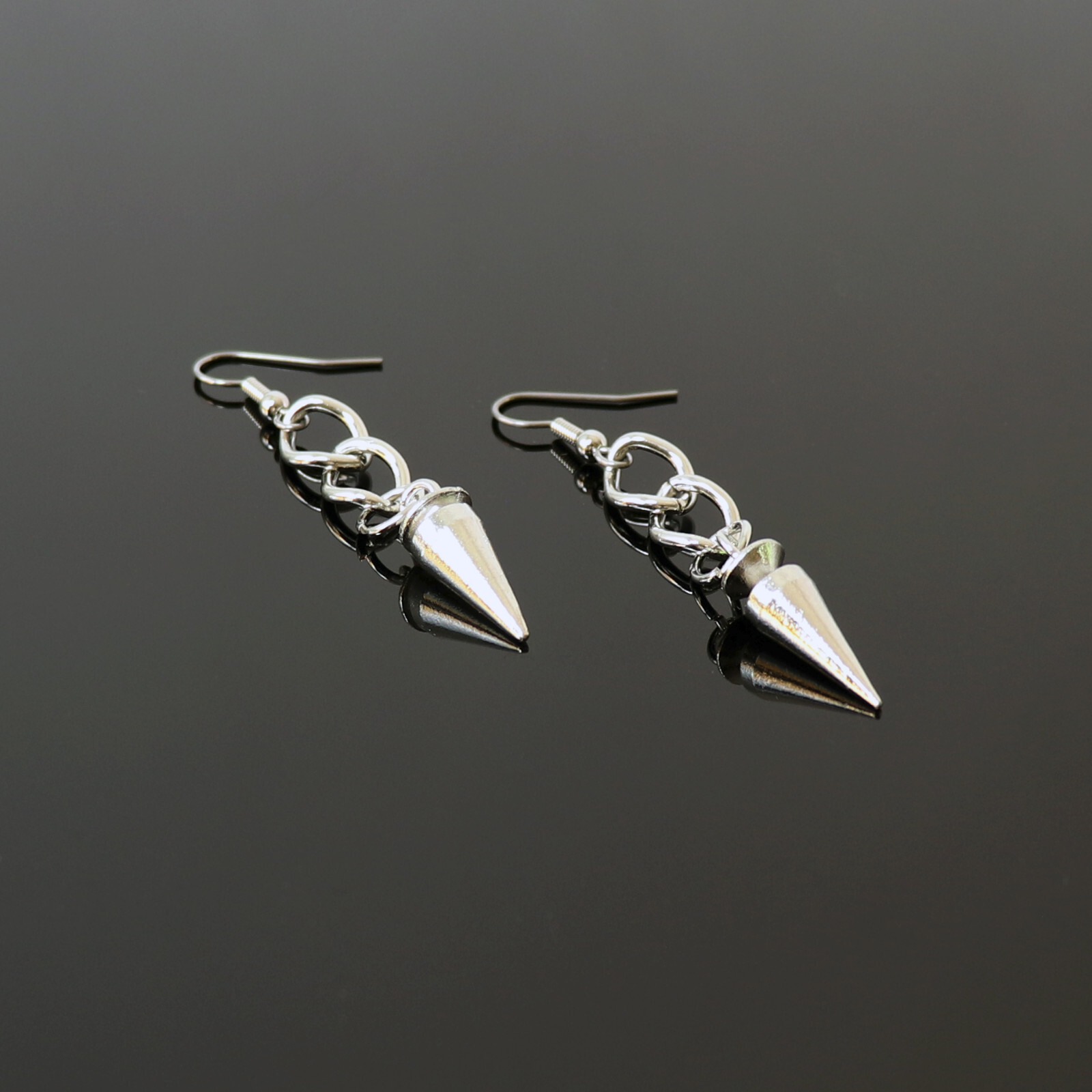 Punk Rock Hip Hop Spike and Chain Dangle Earrings Silver Finish Pewter #1055
