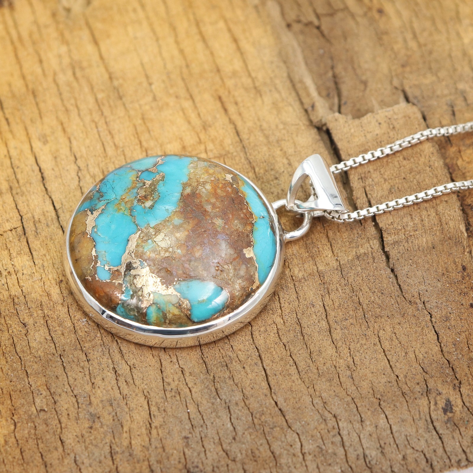 25MM Round Boulder Turquoise Necklace 925 Silver Pendant Gift for Women