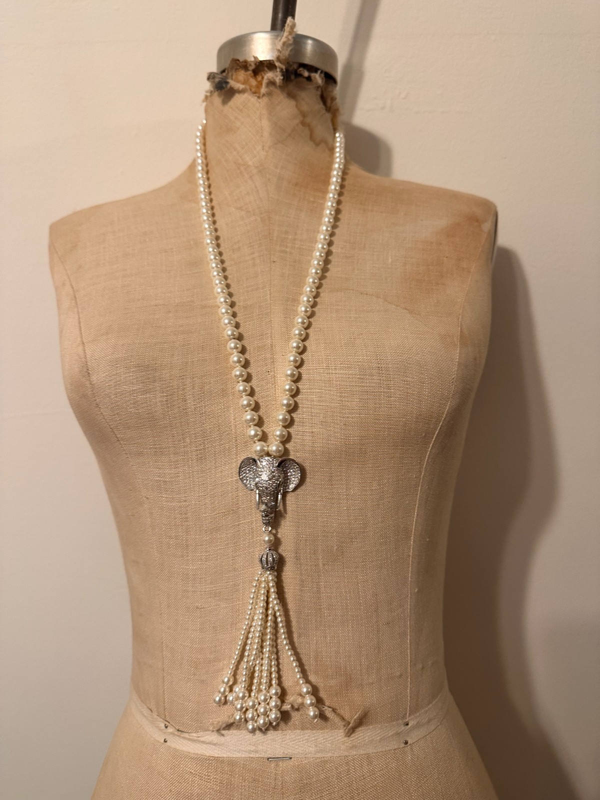 Faux Necklace with Elephant Micro Pave with Pearl Tassels New without Tags