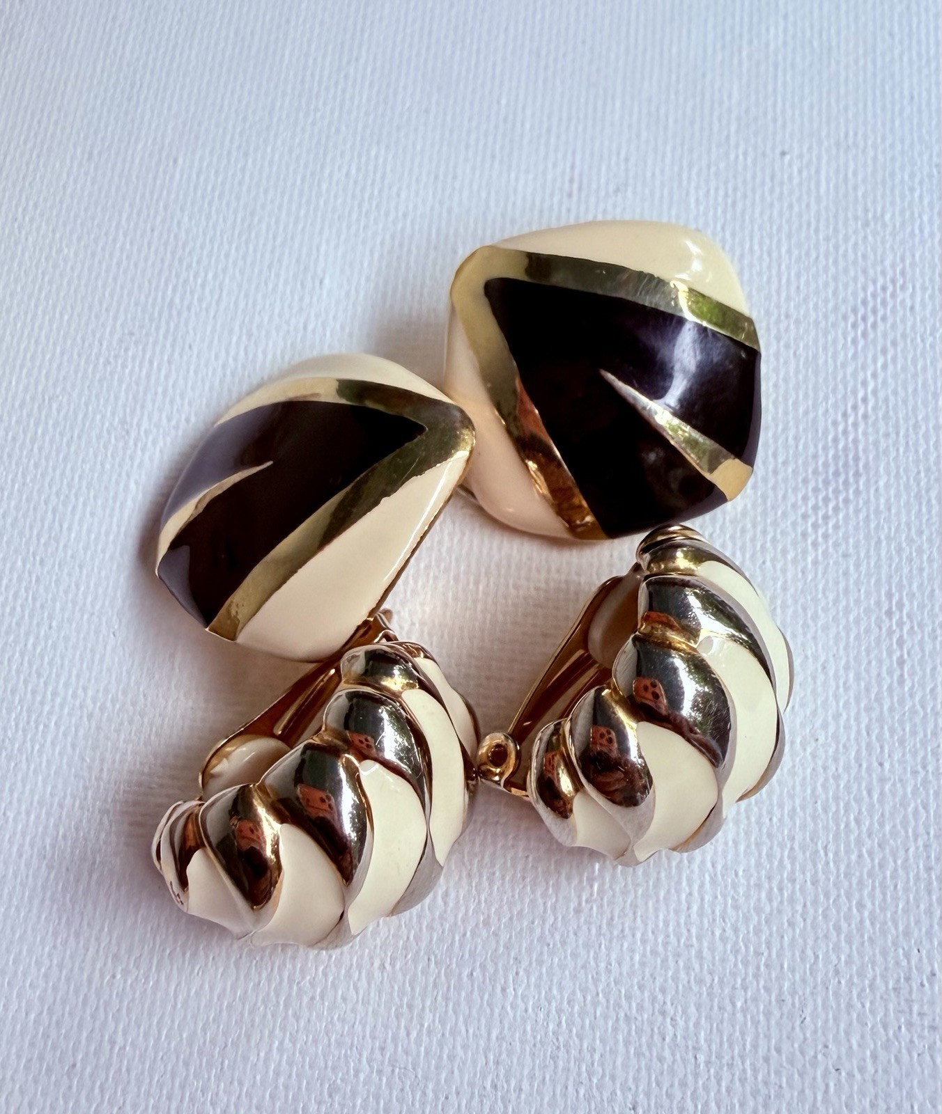 Vintage Gold Tone Enamel Earrings Lot 2 Pairs Pierced & Clip On Ivory Black