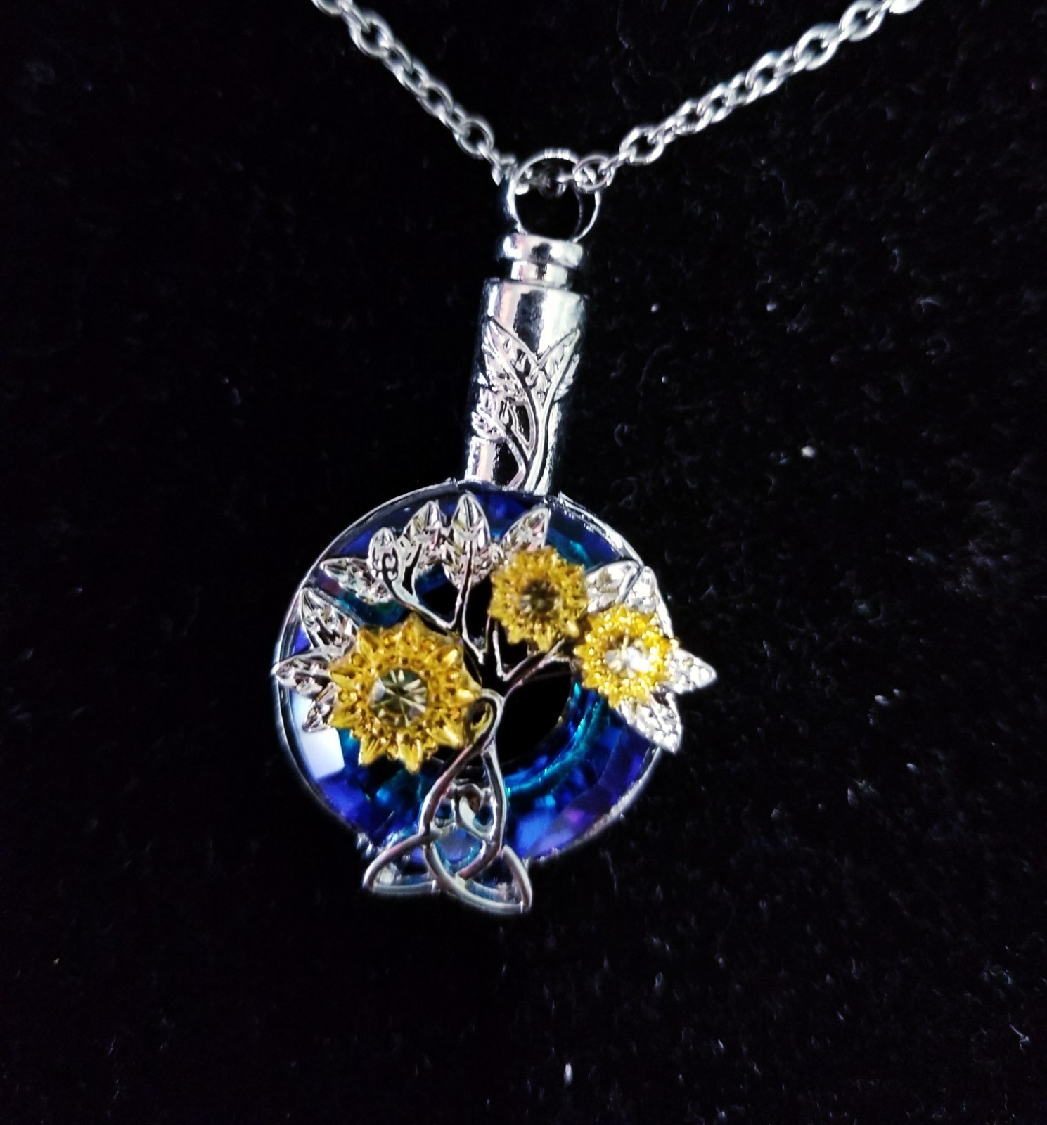 Silver Tone Urn Cremation Memorial Necklace Sunflowers Pendant for Ashes Blue