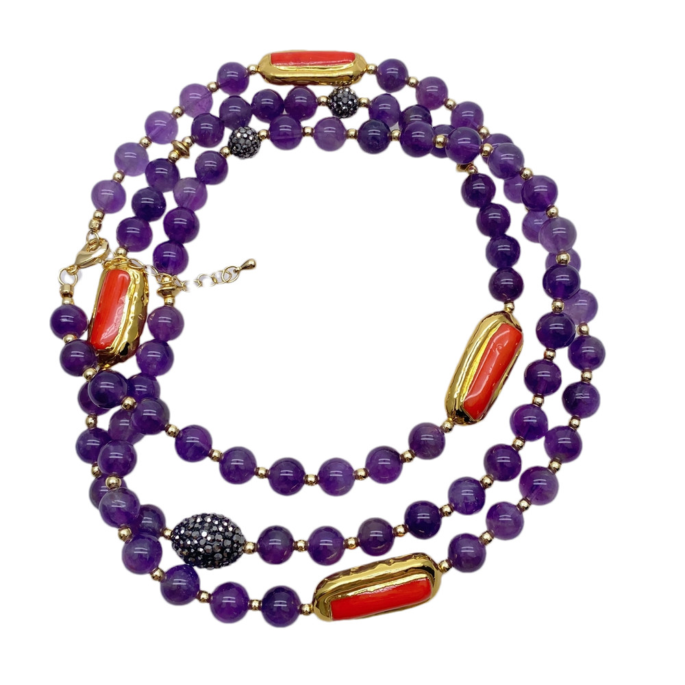 Natural Purple Amethyst Orange Coral Layered Long Necklace 39″Bohemia Jewelry