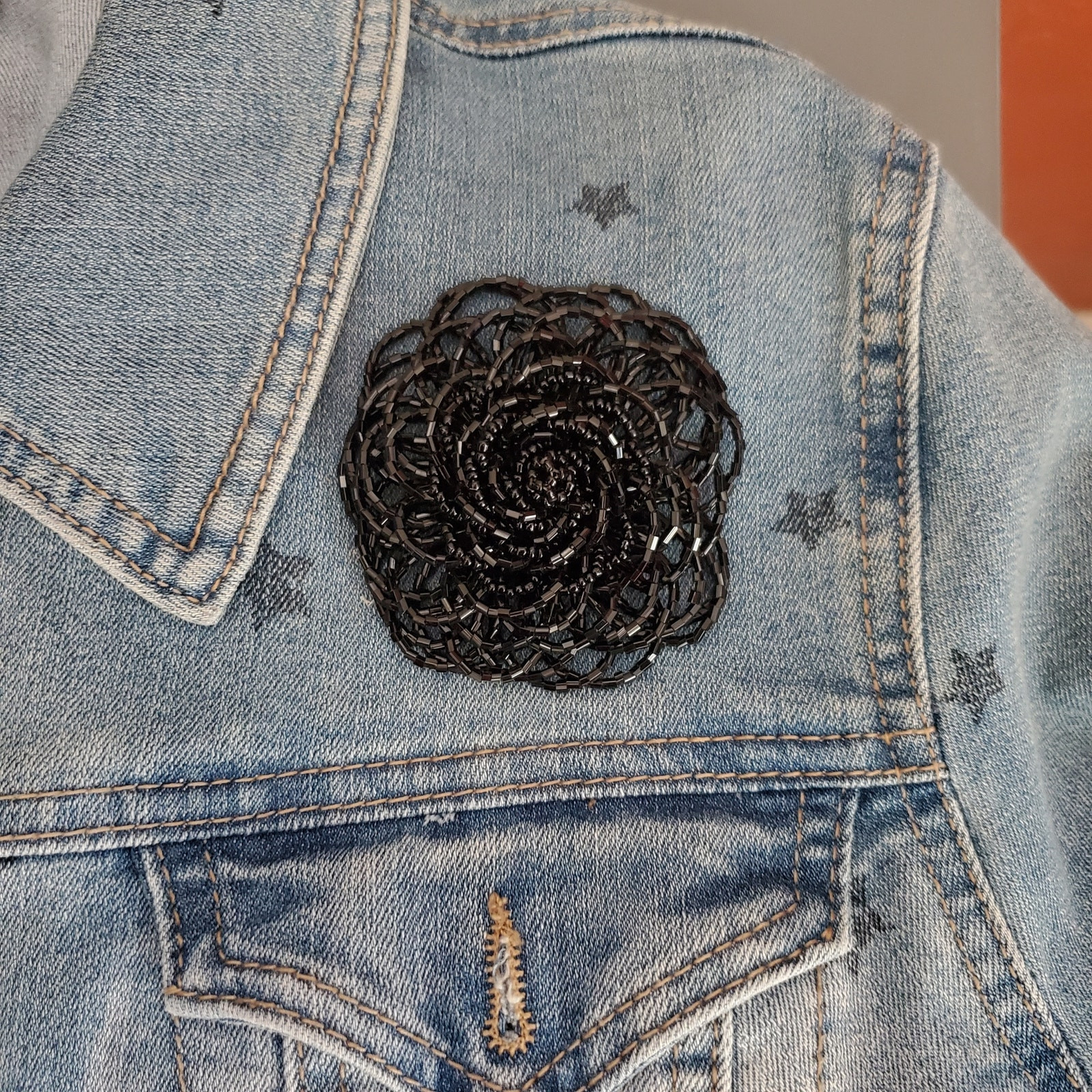 Large Flower Brooch Pin Black Faceted Seed Bead Cluster Rosette 3 Inches Across