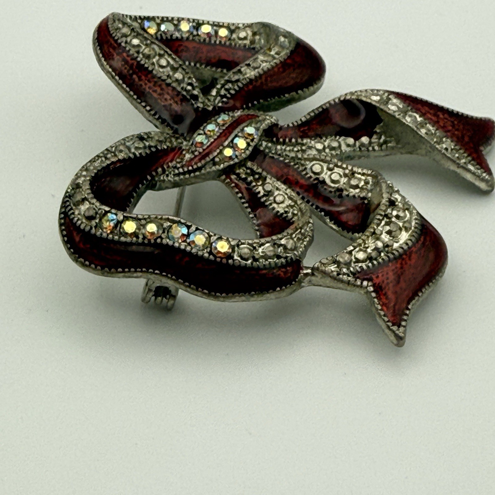 Bow Brooch Red Enamel Aurora Borealis Rhinestone Silver Tone Ribbon Pin 0032