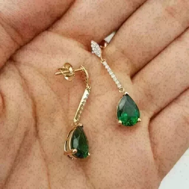 2.30Ct Pear Cut Simulated Green Emerald Drop Earrings In 14K Yellow Gold Plated
