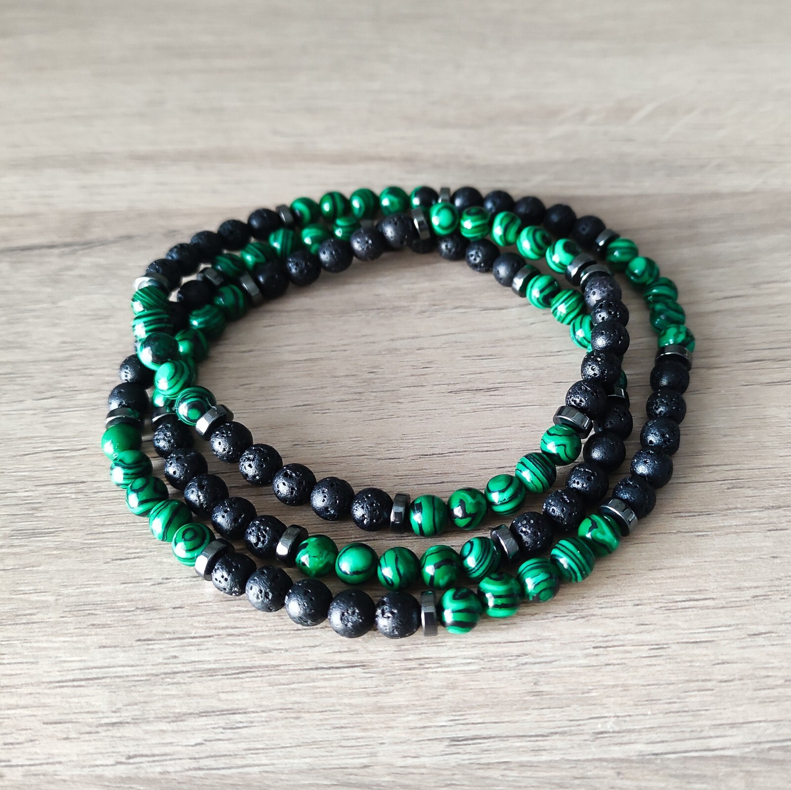 Natural Green Malachite Necklace Men’s Black Lava Stone Hematite Surfer Choker