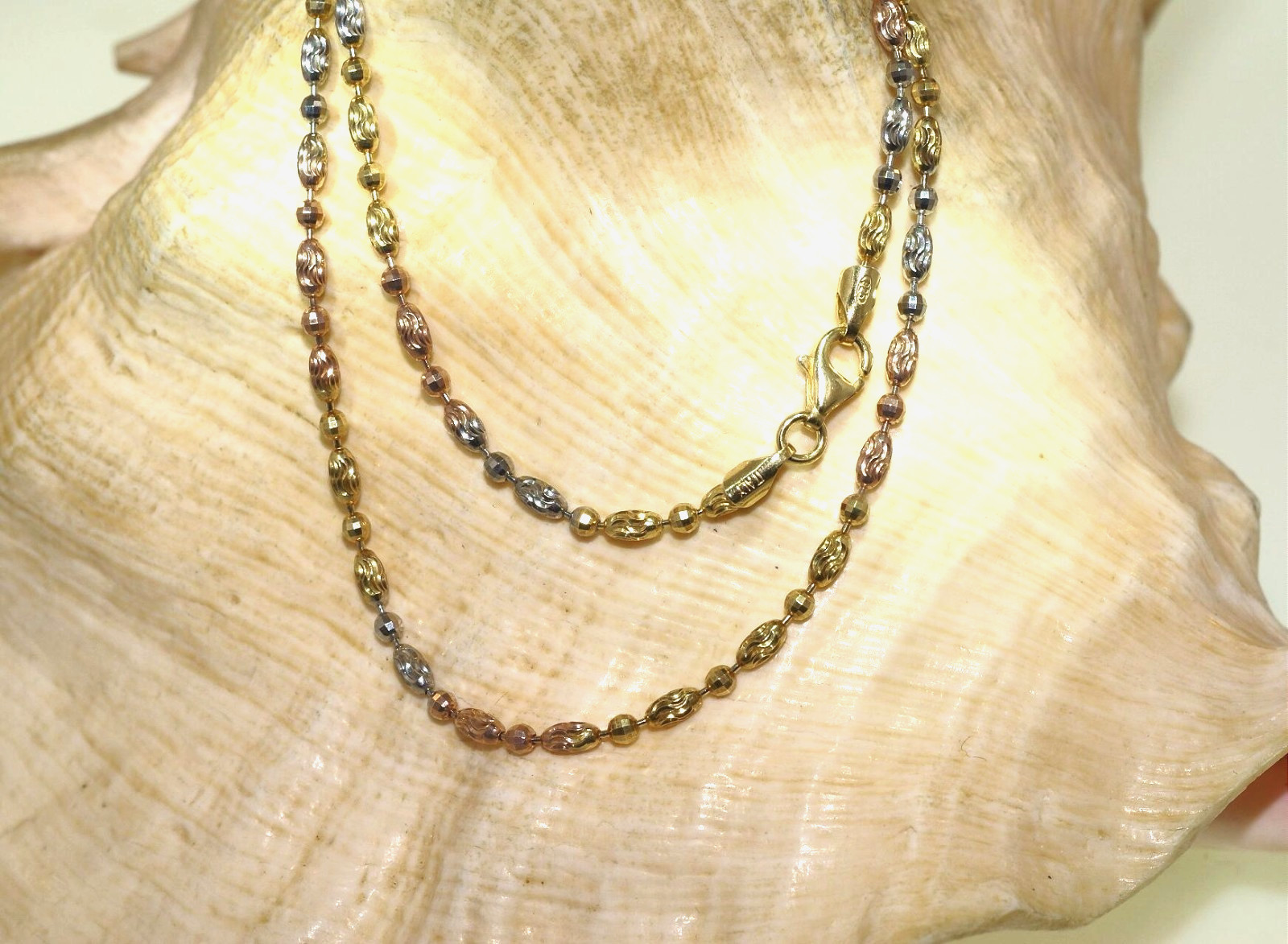 CHOICE ITALIAN TRICOLOR GOLD-PLATED 925 SILVER DC OVAL BALL BEAD CHAIN NECKLACE