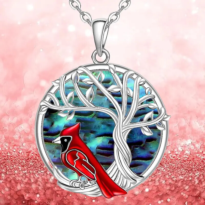 Red Cardinal Tree of Life Round Pendant Necklace Memorial Angels Near