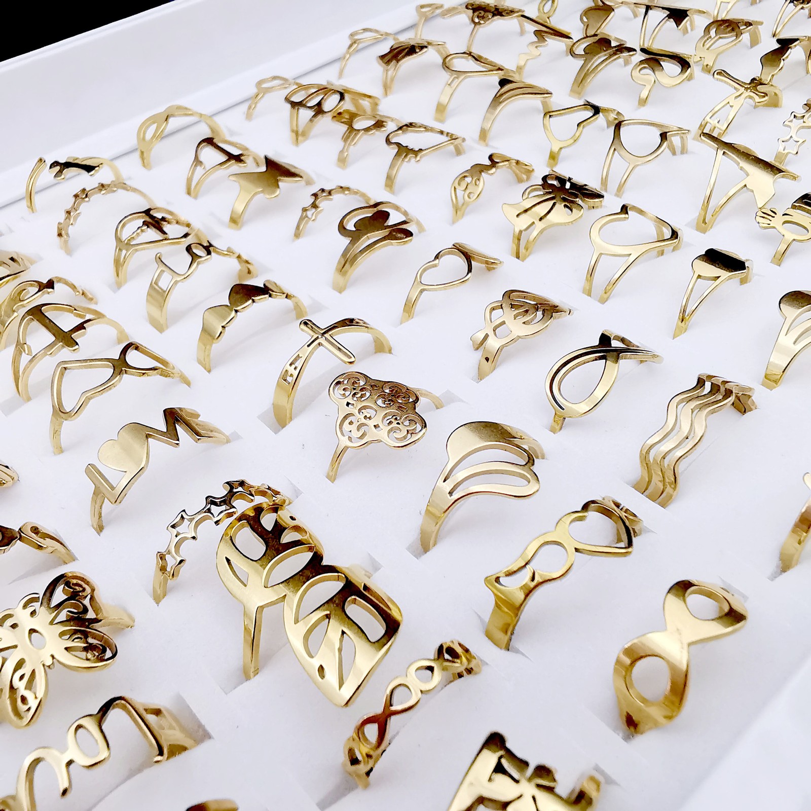 20-50pcs Stainless Steel Gold-Plated Flower Cut Ring (Multi Styles/Patterns)