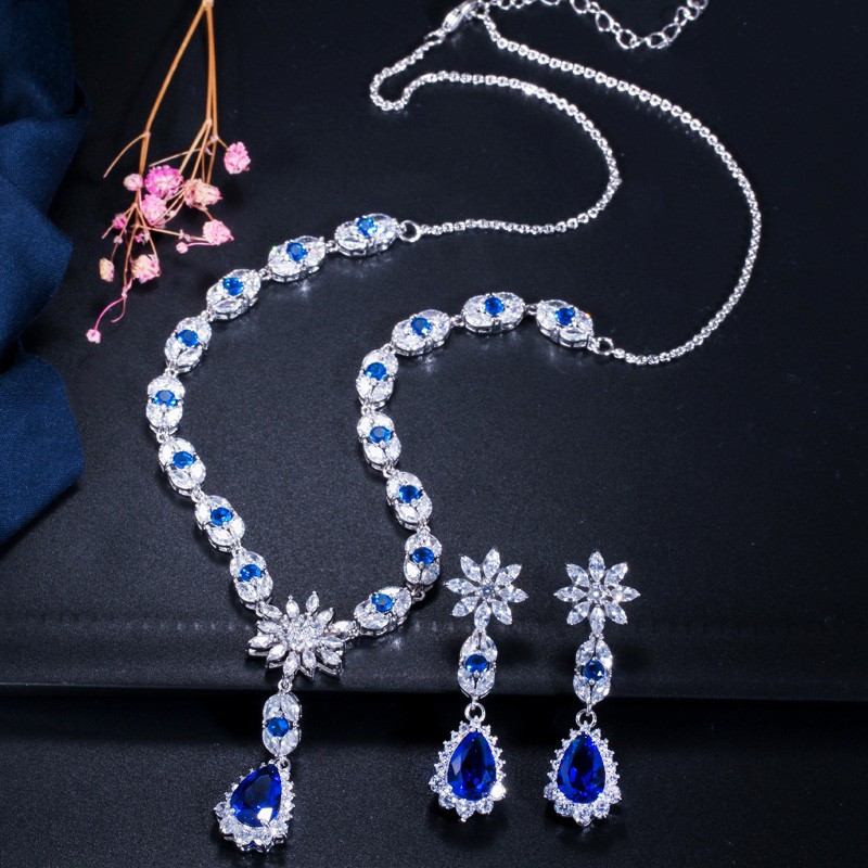Blue CZ Flower Water Drop Bridal Wedding Necklace Earrings Costume Jewelry Set