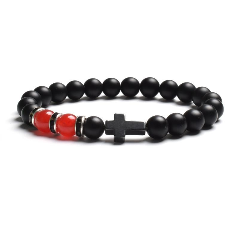 Tiger Eye & Black Agate Beaded Bracelet Men Women Elastic Cross Faith Jewelry