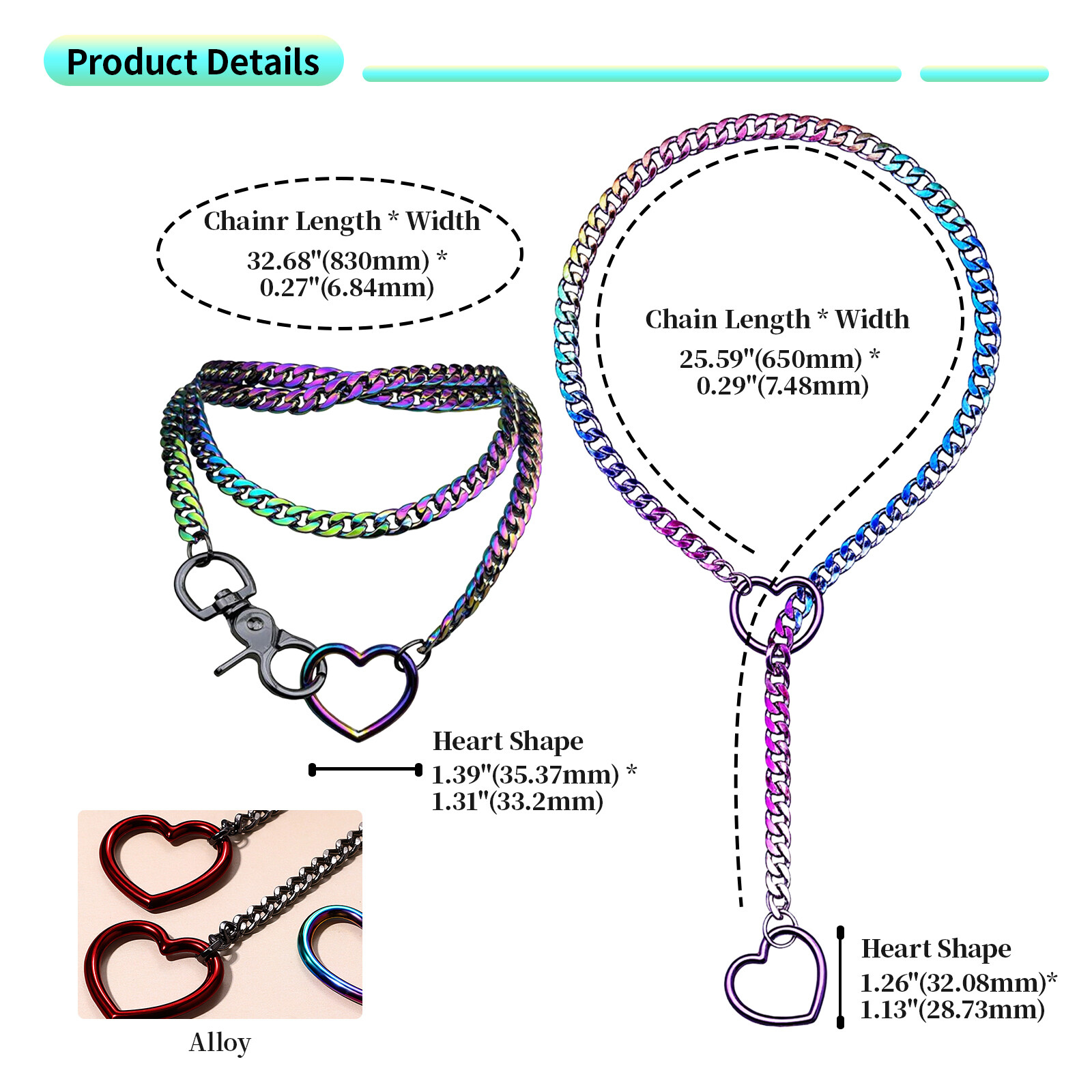 2 Pack Heart O-ring Slip Chain Punk Goth Lariat Y-Necklace Choker For Women