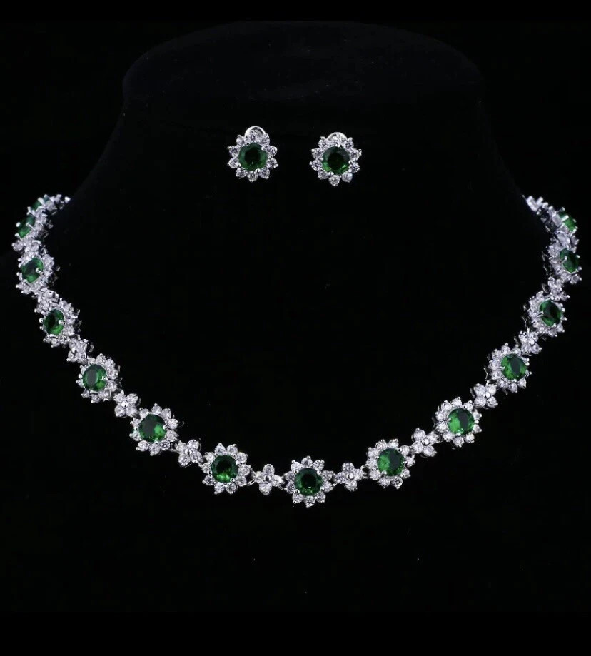 18k White Gold Plated Green Tennis Necklace Earring Set Made Simulated