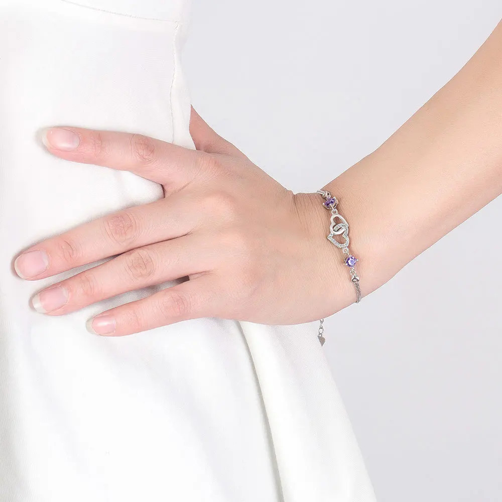 925 Sterling Silver Bracelets Amethyst Heart Bracelet Inlaid Zircon Chain
