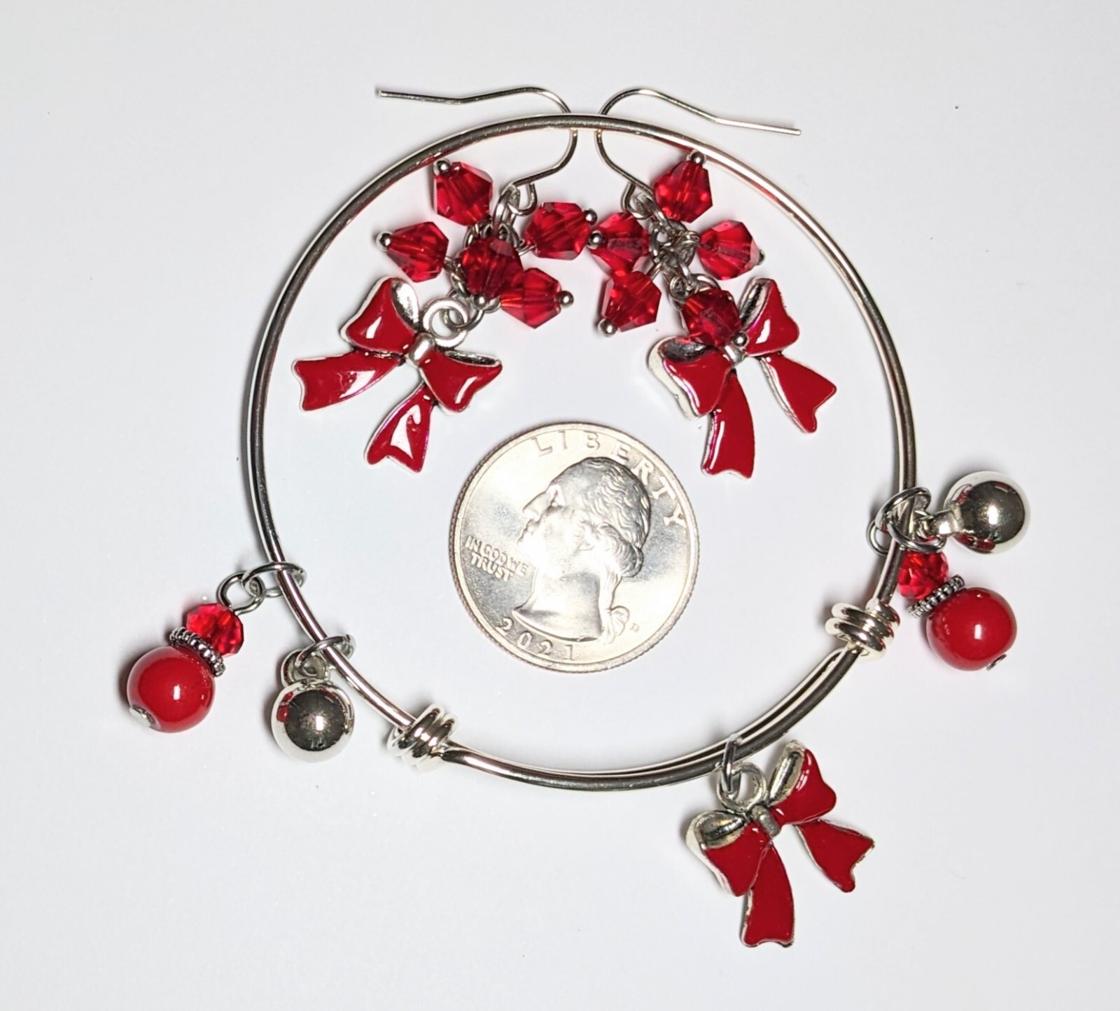 Christmas Bracelet Bangle Earring set Red Bow Gift Teen Woman