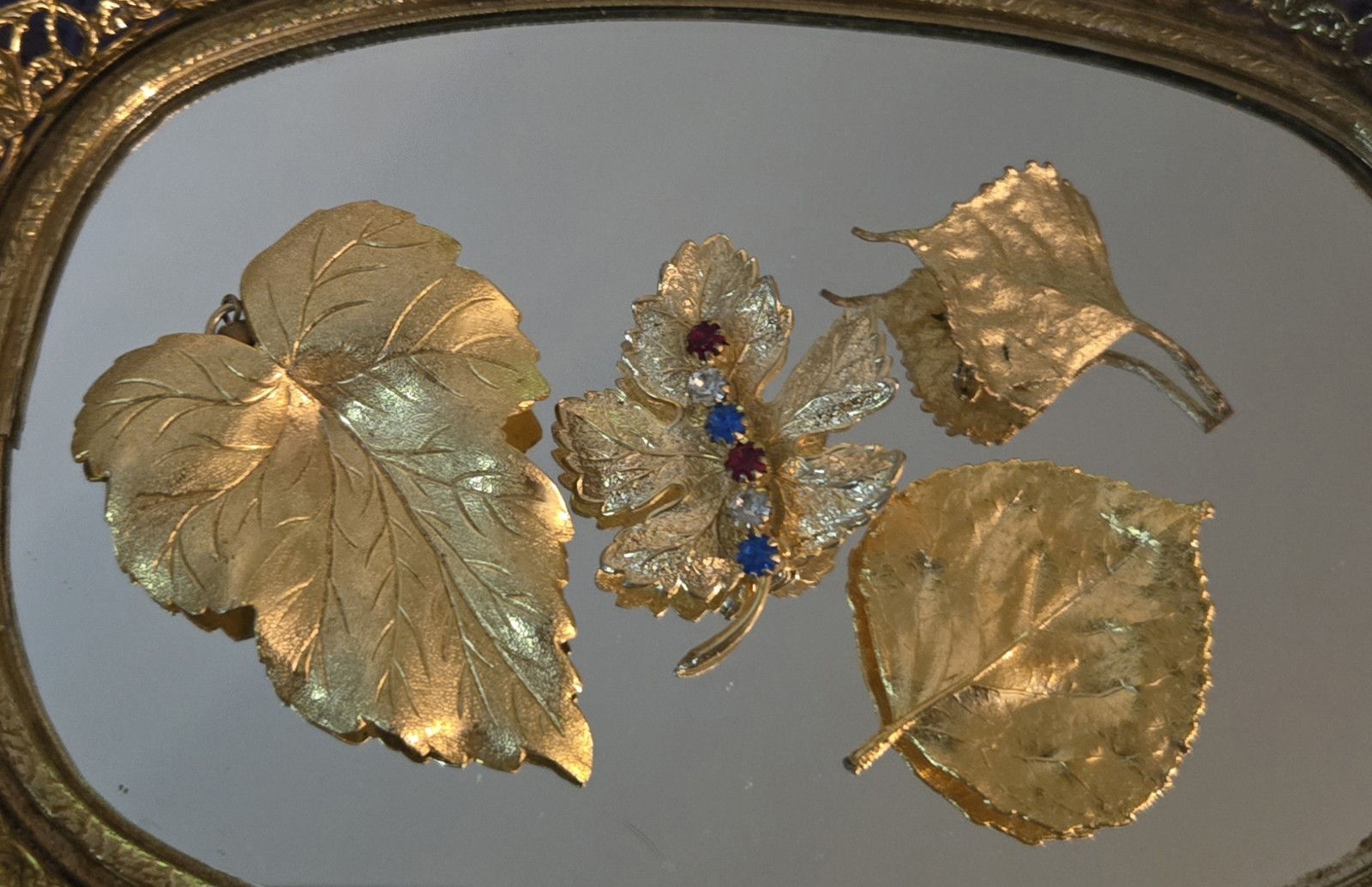Vintage Gold Tone Leaf Brooch Pin Pendant Lot Rhinestones