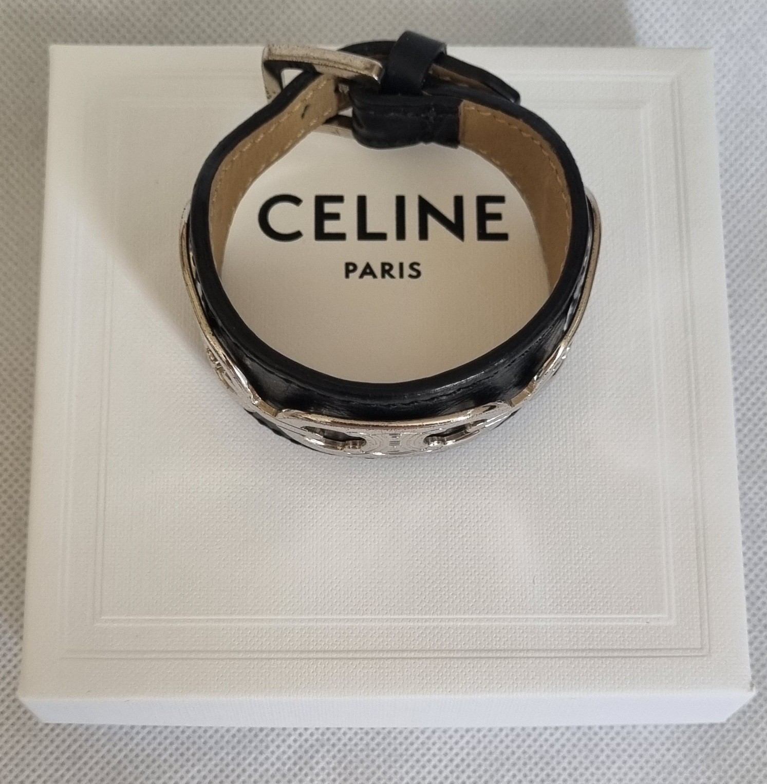 Vtg CELINE Triomphe Black Leather Cuff Bracelet Silver Hardware With Box size S