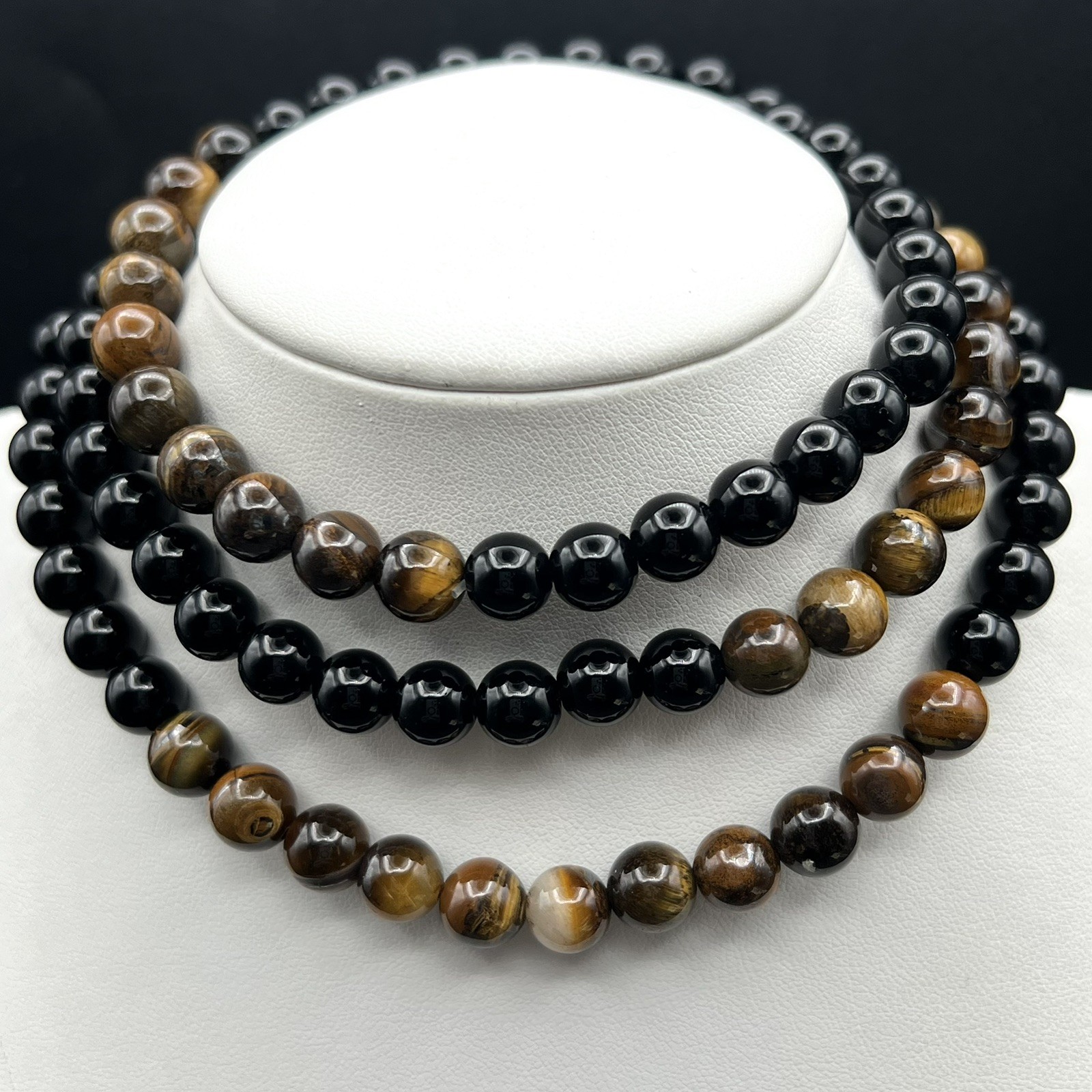 Black Glass & Brown Gemstone Beads Beaded Stretch Necklace or Crafting
