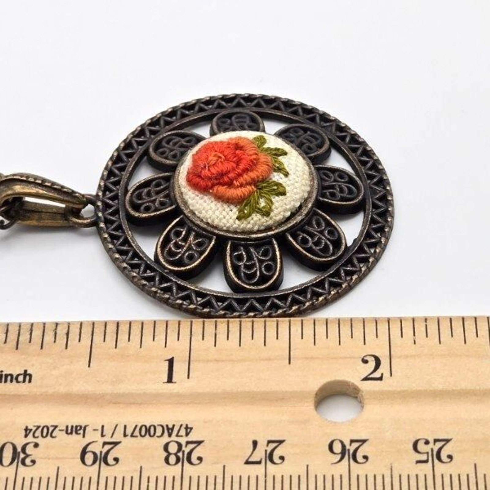 Handmade Rose Mini Embroidery Bronzetone Floral Frame Pendant 27″ Necklace