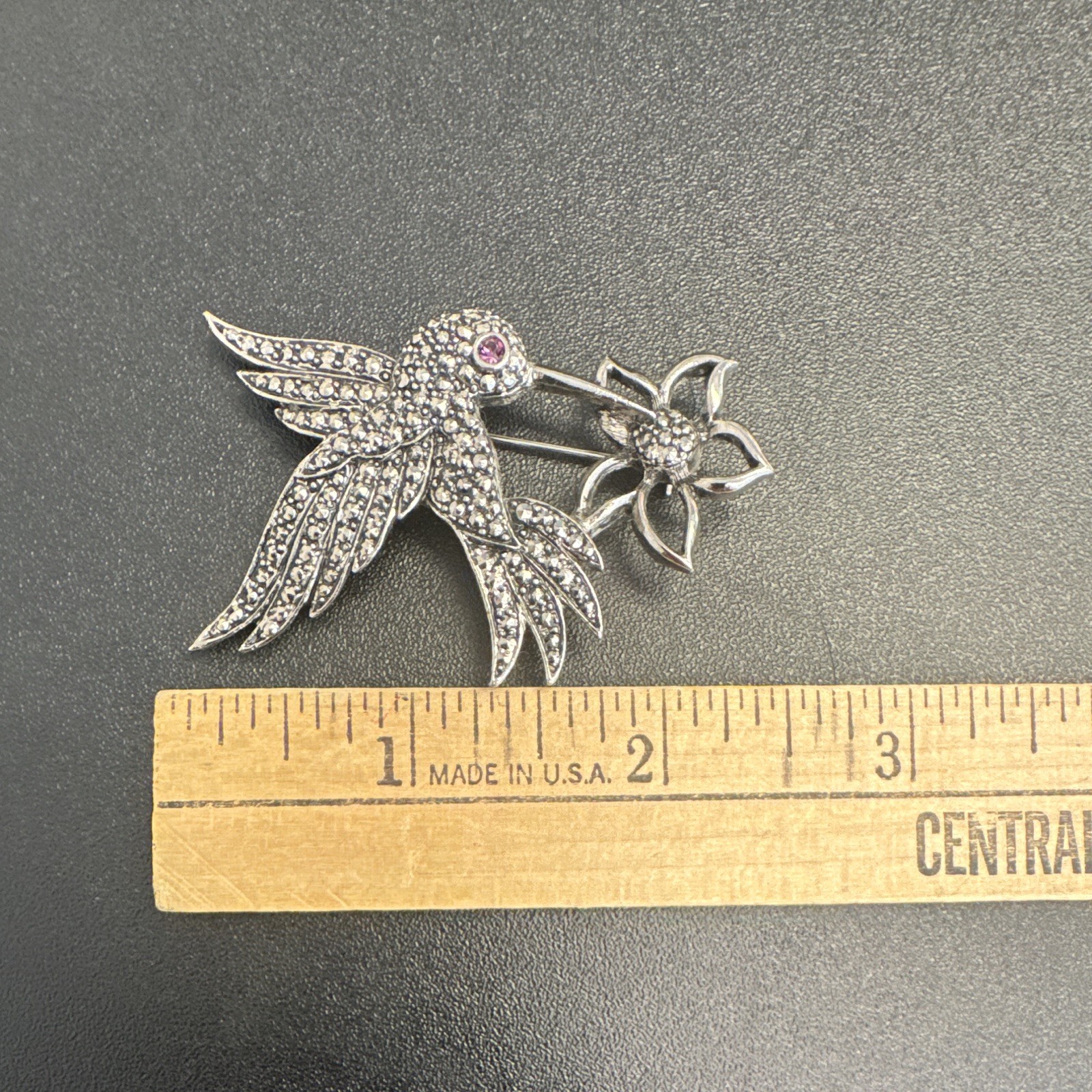 Avon Signed Hummingbird & Flower Brooch Pin Silver Tone Clear Pavé 2.5in