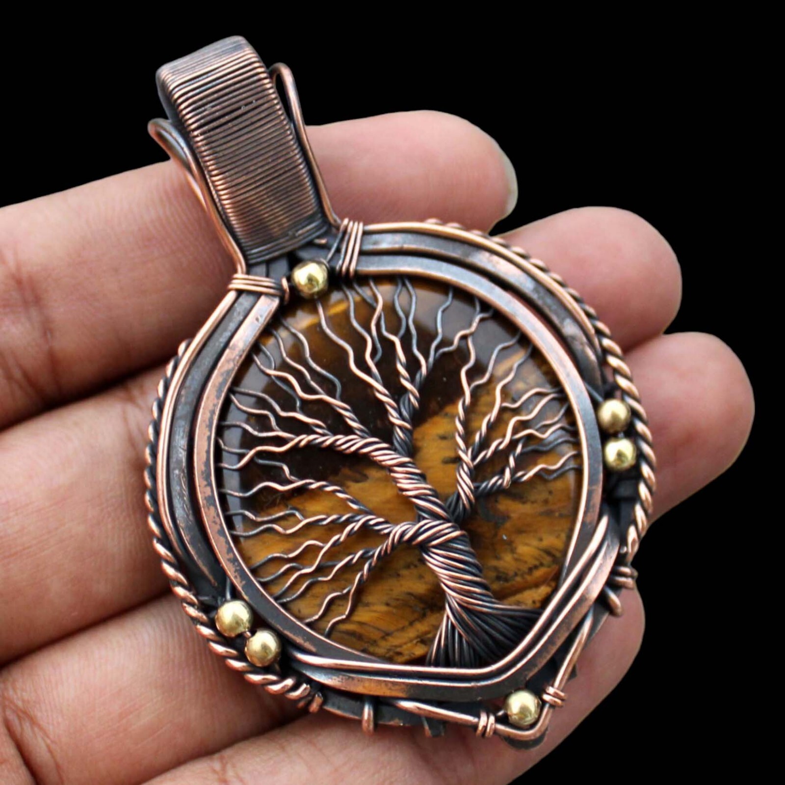 Tree Of Life Tigers Eye Pendant Copper Wire Wrapped Handmade Pendant With Chain