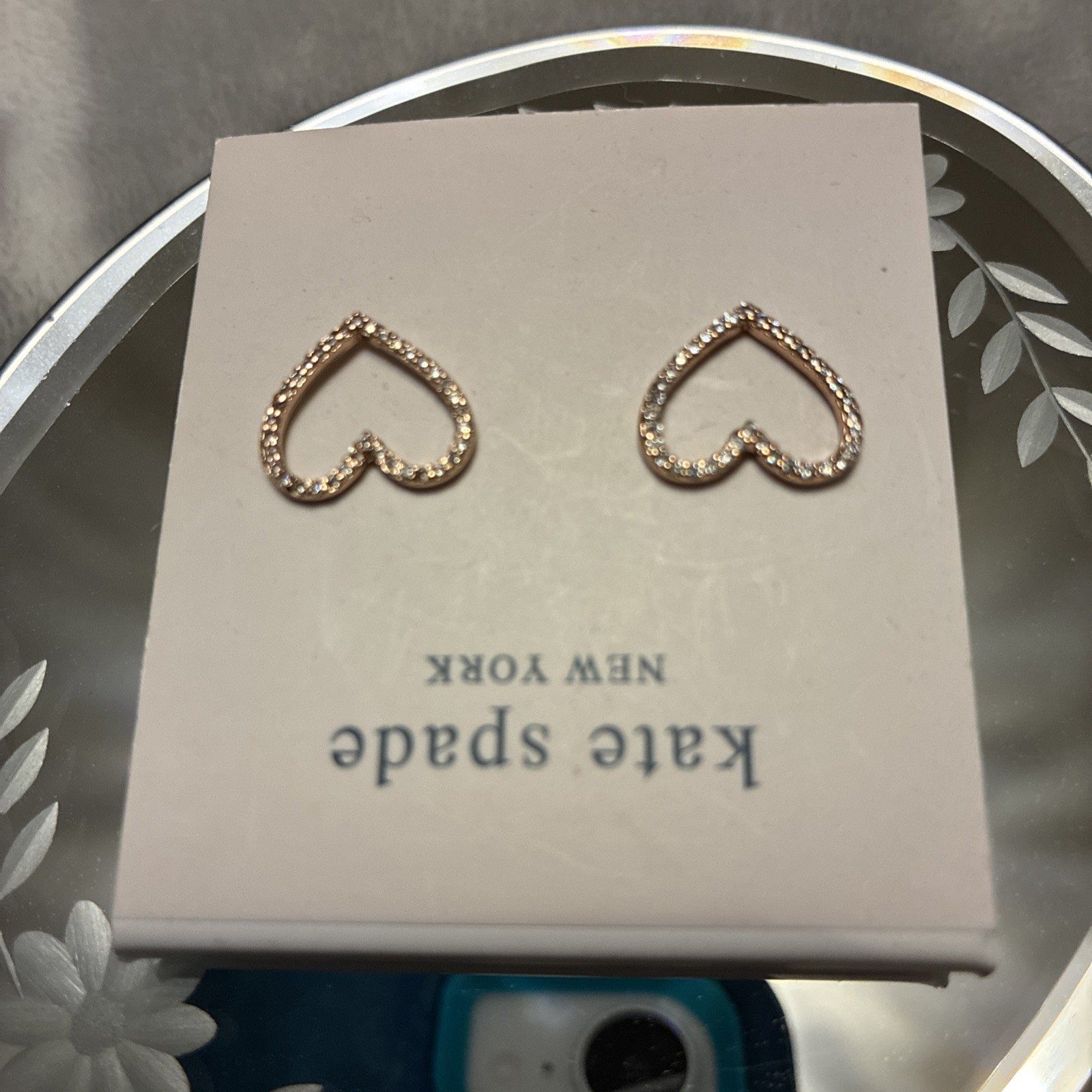 Kate Spade Jewelry Rose Gold Stud Earrings Crystal Pave Heart Open Frame