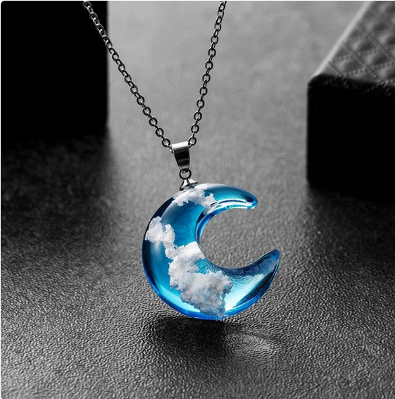 BLUE CRESCENT MOON WHITE CLOUD Pendant On 18″ 925 Sterling Silver Necklace Women